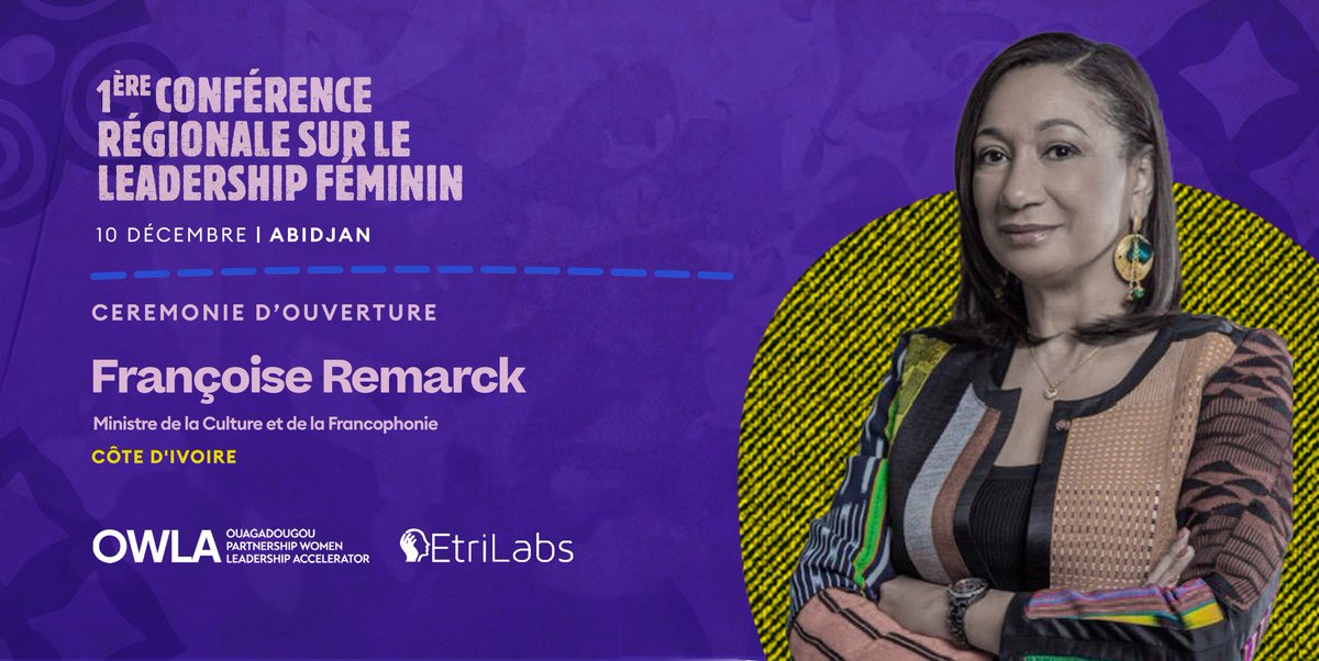 Nous sommes heureux d’annoncer la participation de Madame 𝐅𝐫𝐚𝐧𝐜̧𝐨𝐢𝐬𝐞 𝐑𝐞𝐦𝐚𝐫𝐜𝐤, Ministre de la Culture et de la Francophonie de Côte d’Ivoire en tant qu'oratrice principale à la cérémonie d'ouverture de la 𝟏𝐞̀𝐫𝐞 𝐂𝐨𝐧𝐟𝐞́𝐫𝐞𝐧𝐜𝐞 𝐑𝐞́𝐠𝐢𝐨𝐧𝐚𝐥𝐞 𝐬𝐮𝐫
