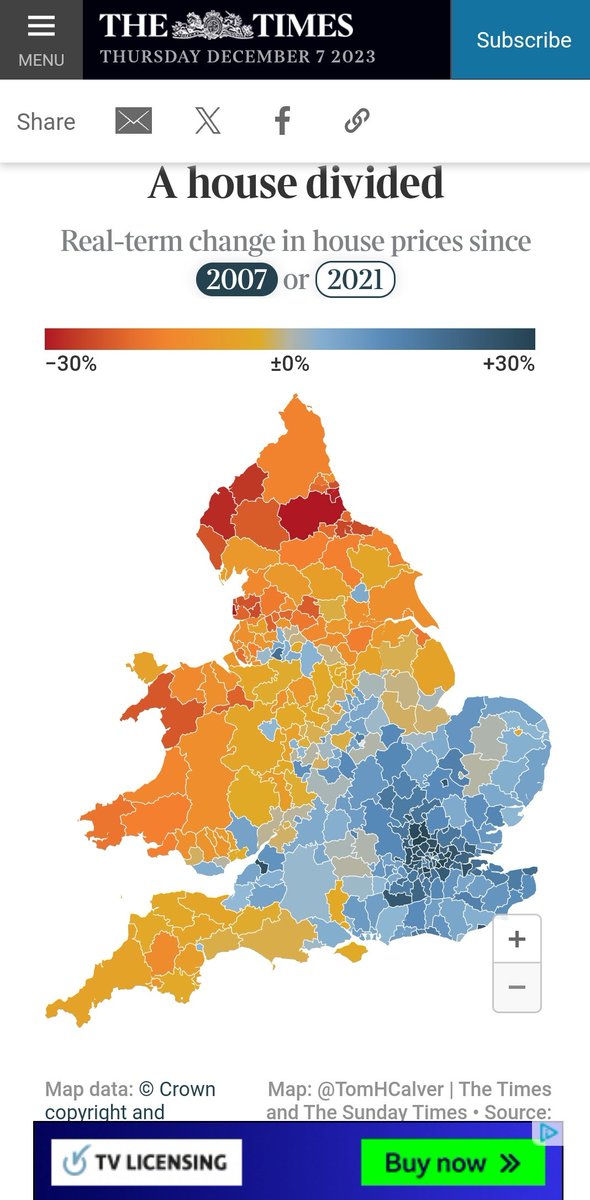 This is a remarkable chart from the Times. I haven't been following the property market closely enough but I had no idea house prices haven't gone up across the board (when accounting for inflation)