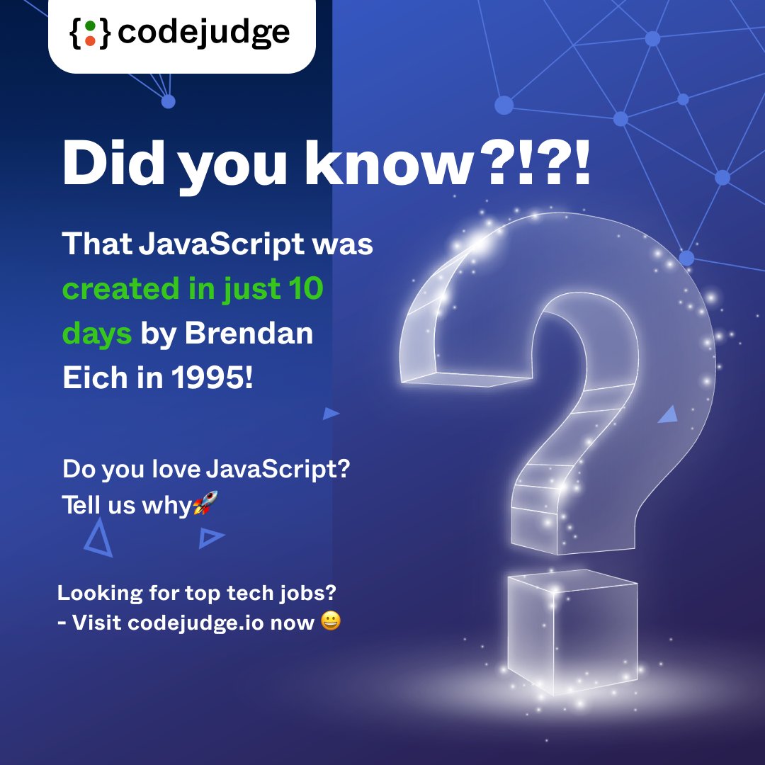 CodejudgeHQ's tweet image. From 10 days to coding legend - JavaScript's creation story is as fast and fabulous as a code sprint! 🚀
✨ Now spill the beans: What's your programming language crush, and why does it have your coding heart in knots?
Let's share the love in the comments! 💬❤️