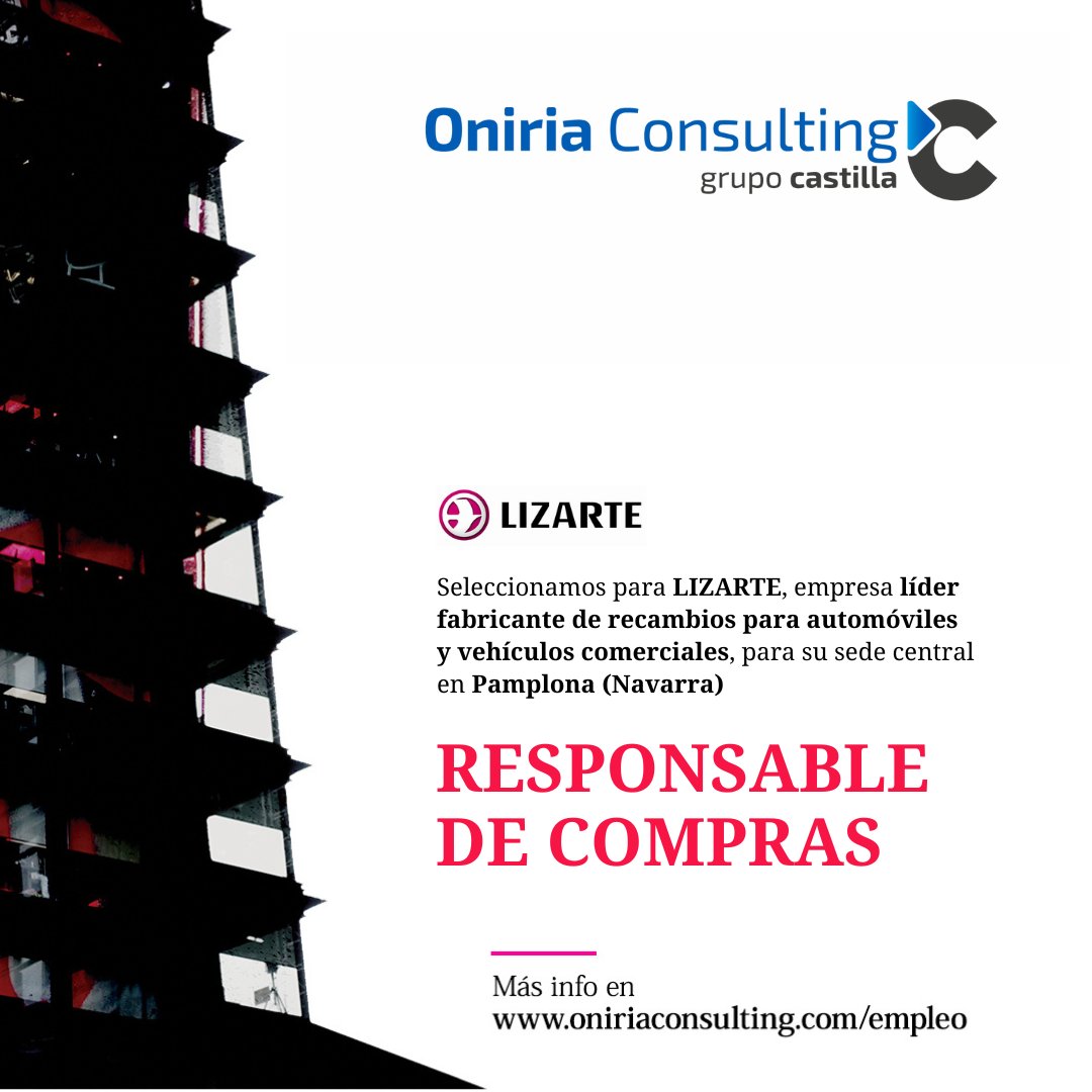 LIZARTE, empresa líder fabricante de recambios para automóviles y vehículos comerciales, precisa incorporar un/a Responsable de Compras para su sede central en Pamplona (Navarra)

bit.ly/3Rs194l

#OfertasDeEmpleo #empleo #trabajo #Navarra #rrhh