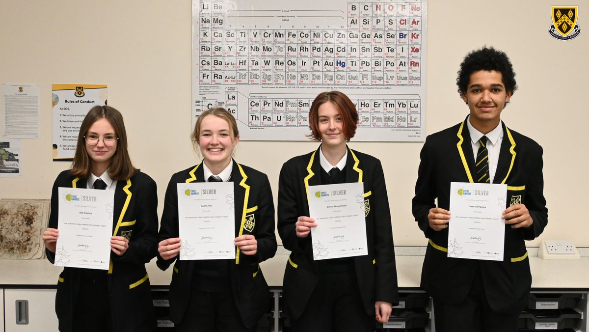 stockportgs's tweet photo. Fifth Year Chemistry students Ella Clayton, Caitlin Hill, Emma Broomhead and Sean Sembatya are celebrating after picking up Silver @CRESTAwards certificates for their project ‘Are expensive crisps healthier than cheaper crisps’.

https://t.co/qeo92nPGWA

#SGSChemistry #SGSScience https://t.co/sCzomNtywn