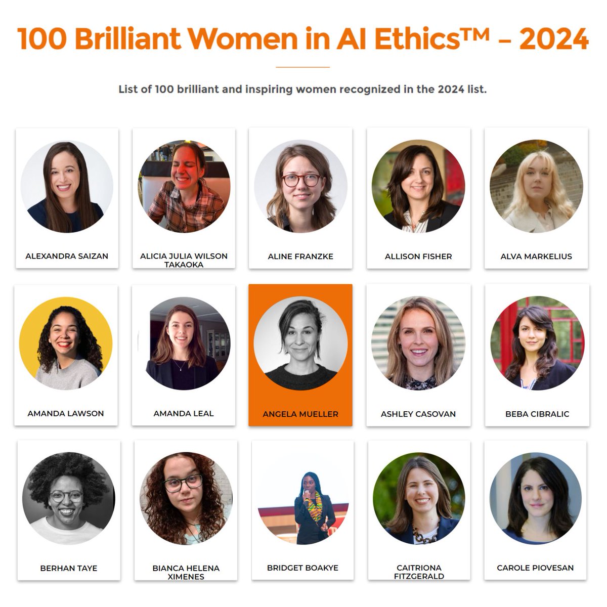 🎉 Herzliche Gratulation Angela! @angela__mueller, Leiterin @AlgorithmWat_CH und Head of Policy & Advocacy @algorithmwatch wurde von @WomeninAIEthics zu einer von 100 inspirierenden Frauen im Feld der KI-Ethik gekürt. Was für eine Ehre! 🧡 Zur Liste: womeninaiethics.org/the-list/of-20…