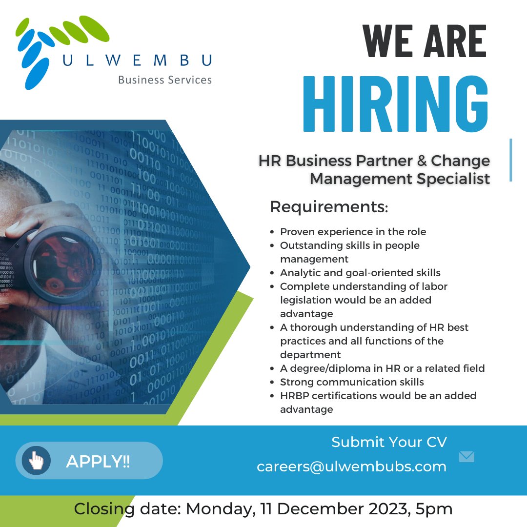 UlwembuBS's tweet photo. #HiringNow #HRBP #HRBPJobs #ChangeManagement https://t.co/dn4NXqoWFq
