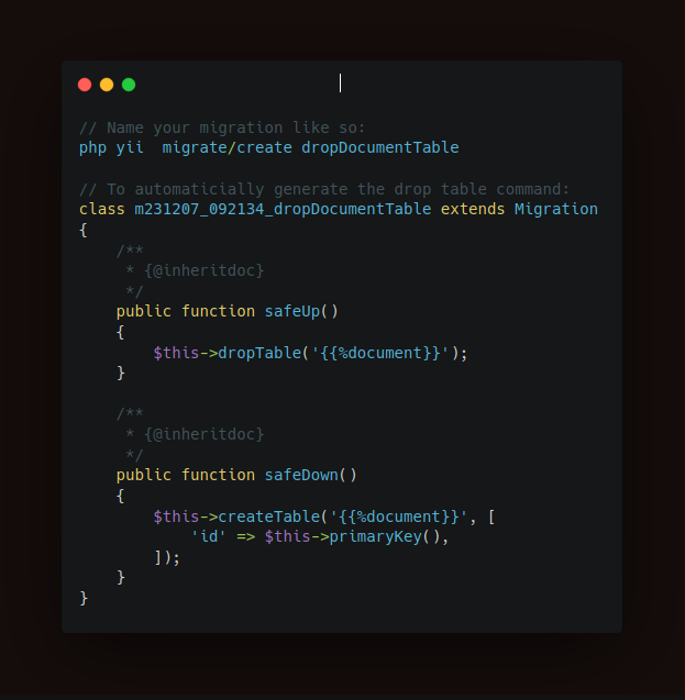 CodeChap's tweet image. Did you know that if you name your migrations in #Yii2 like this, the functions are generated.