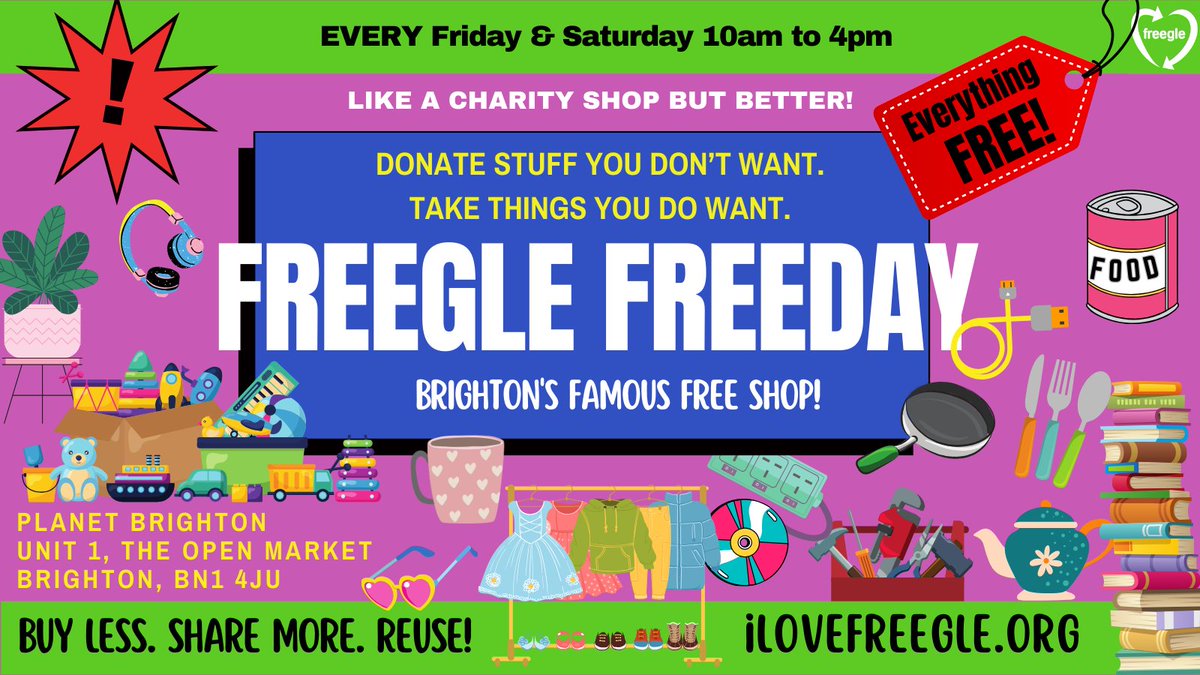 The weekly #brighton #FreeShop is OPEN 10am to 4pm Fri 8, Sat 9, Fri 15, Sat 16, Fri 22 and Sat 23 December **CLOSED** Fri 29 and Sat 30 Dec **CLOSED** Fri 5 and Sat 6 January Freegle app available 24/7 every day of the year! ilovefreegle.org/explore/21441