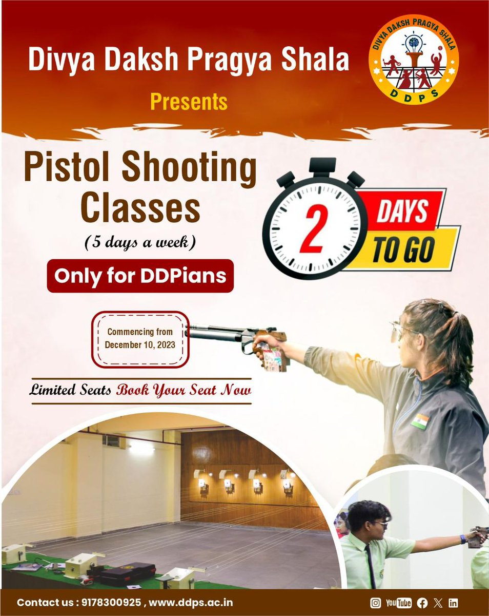DDPSOfficial's tweet photo. Exciting Announcement! 

Dive into a new adventure at Divya Daksh Pragya Shala with the addition of Pistol Shooting Classes starting from December 10, 2023. 

Benefit from expert coaching, precise guidance, and professional mentorship to elevate your skills.

Contact 09178300925 https://t.co/HEk4R7H600