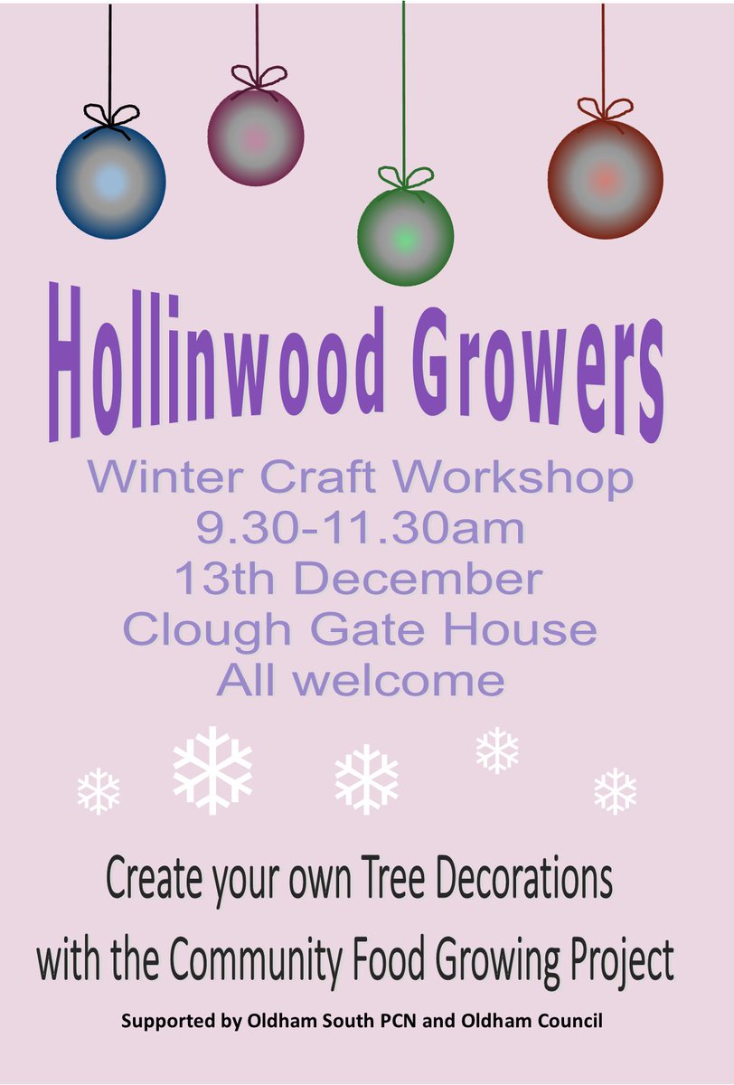 Oldham Integrated Care Partnership (@oldhamicp) on Twitter photo Your GP’s in Oldham South are working with <a href="/OldhamCouncil/">Oldham Council</a> to host a free winter craft workshop on the 13th December at Clough Gate House.
See the poster below for full details: Your GP’s in Oldham South are working with <a href="/OldhamCouncil/">Oldham Council</a> to host a free winter craft workshop on the 13th December at Clough Gate House.
See the poster below for full details: