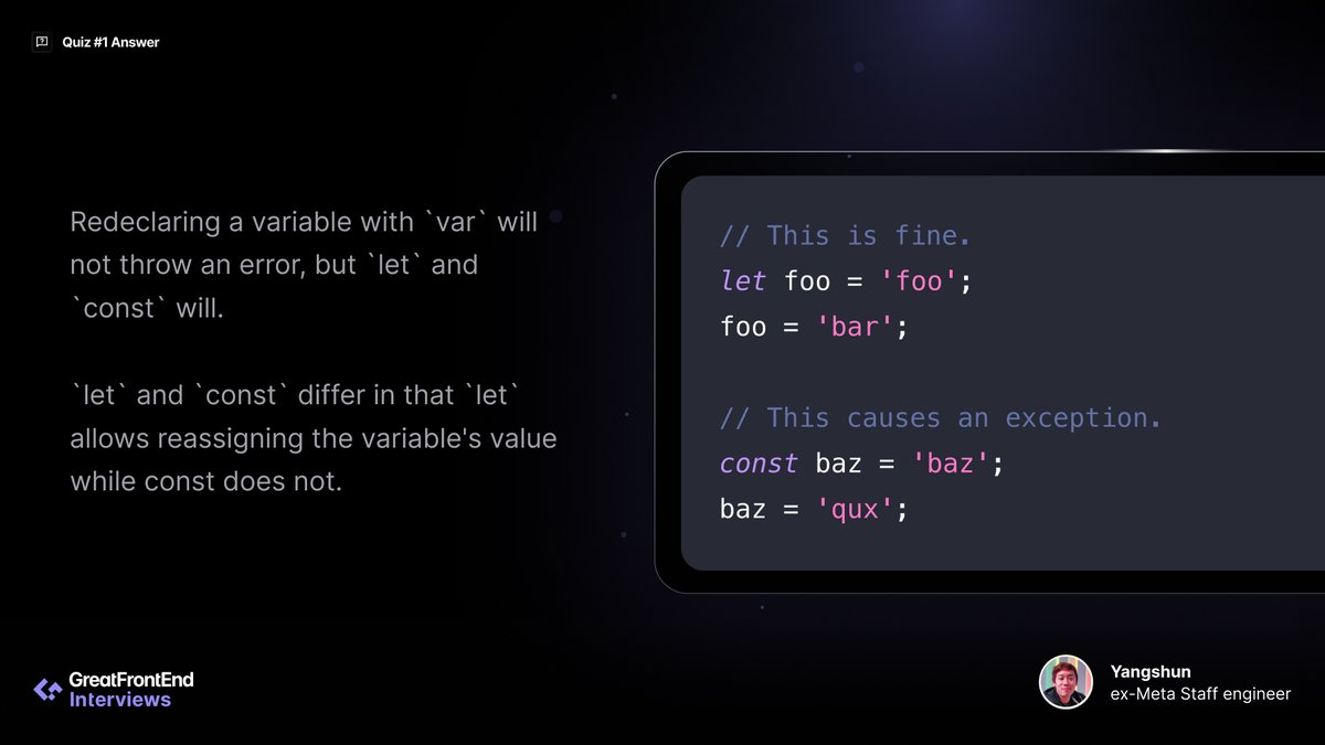 greatfrontend's tweet image. Answering common front end interview quizzes #1 - The difference between 'let', 'var' or 'const'
Full solution and 100+ other quizzes: greatfrontend.com/questions/quiz…
#JavaScript #Frontend #FrontEndInterview