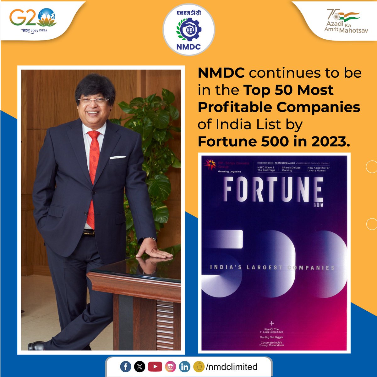nmdclimited's tweet photo. We take pride in featuring in the Fortune 500 Indian Companies securing the 106th position and ranking 82nd in the Net Worth List. These companies will together ensure that India becomes one of the largest economies in the world!

#Fortune500India #NMDC https://t.co/ntb9yZCLaH