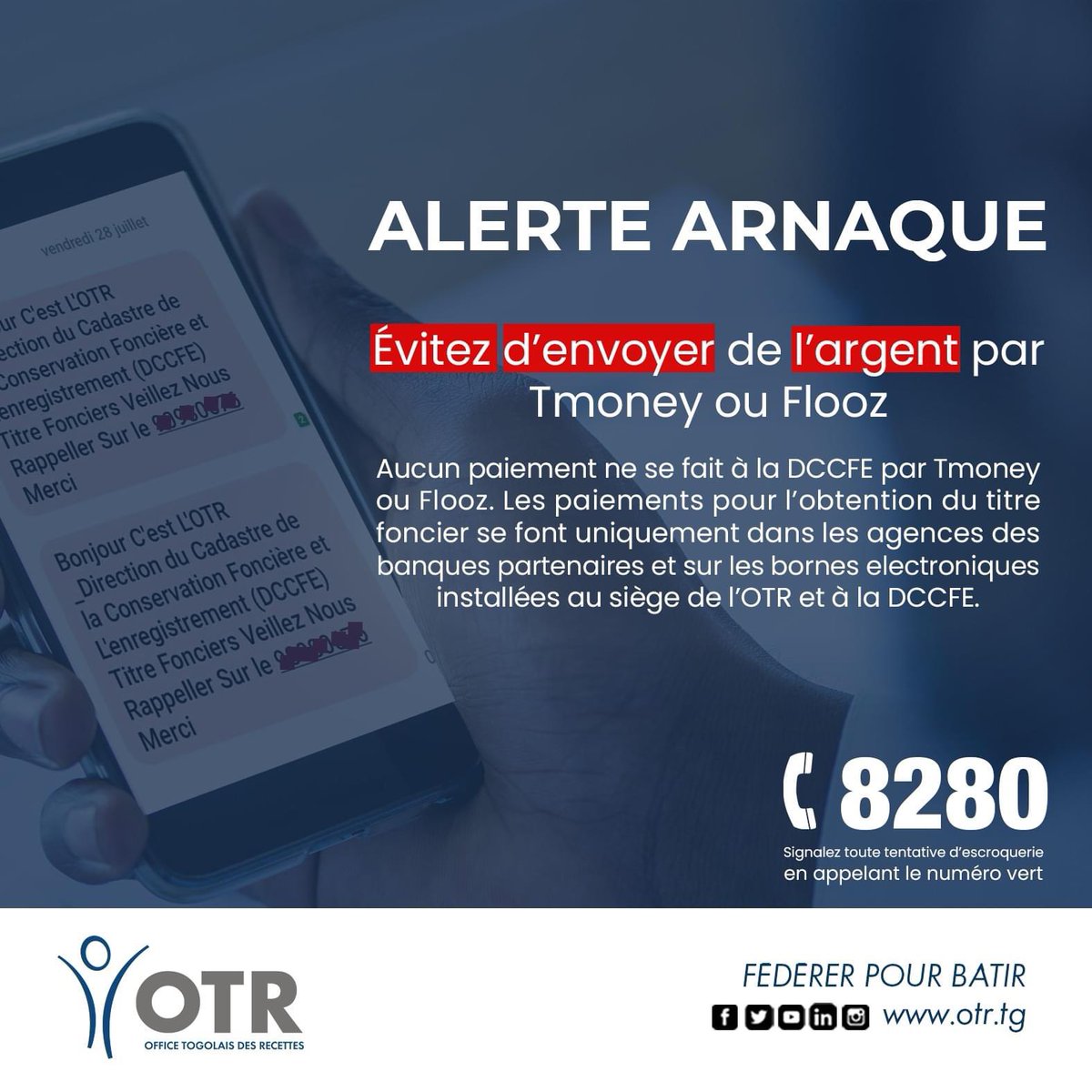 ❌𝐀𝐋𝐄𝐑𝐓𝐄❌𝐀𝐑𝐍𝐀𝐐𝐔𝐄❌
Ne vous faites pas avoir!
Pour tout message vous demandant un transfert d'argent pour le traitement de votre dossier à #OTR veuillez immédiatement contacter le 𝟖𝟐𝟖𝟎 (numéro gratuit) pour dénonciation!
#stoparnaque  
#OTR 
#Togo