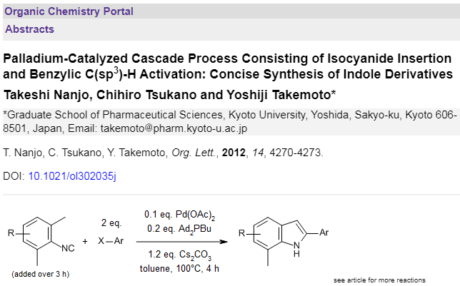 organic_portal's tweet photo. https://t.co/dHx6O4zspT
A Pd-catalyzed cascade process consisting of isocyanide insertion and benzylic C(sp3)-H activation for the construction of the indole skeleton https://t.co/5vWw3UhXPH