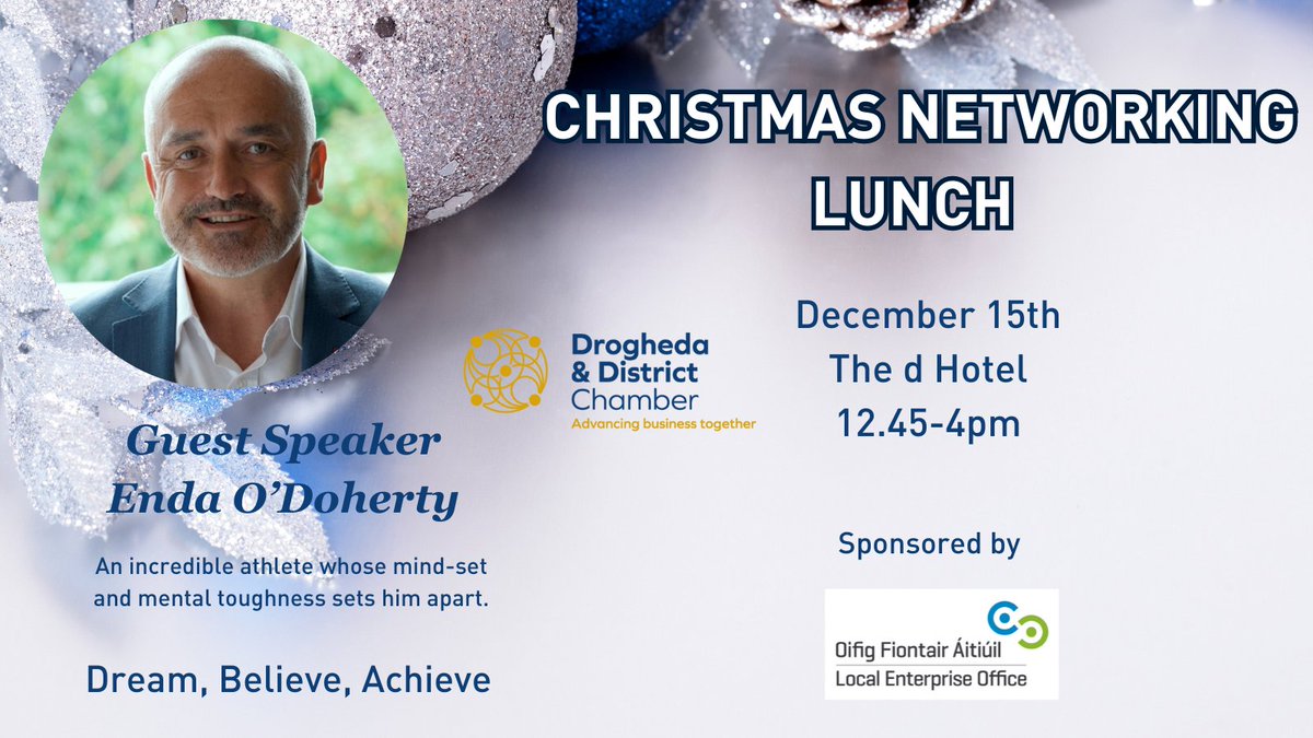Unlock Your Potential! at our Christmas Networking Lunch Friday 15 Dec @thedhotel Keynote Speaker - Enda O Doherty endaodoherty.ie Tickets €45 contact brenda 083 0269628 Supported Charity Tredagh Lodge Drogheda Day Care Centre #ElevatingDrogheda