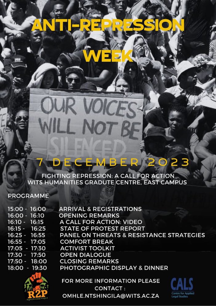 ProtestZa's tweet photo. Today is Day 4 and the Final day of our Anti-repression week with @CALS_ZA .
Find us at the Wits humanities Graduate Centre this afternoon for today’s festivities.
#ARWeek2023
#Right2Protest
#ActivistToolkit
#ProtestZa https://t.co/C2jvymDi9s