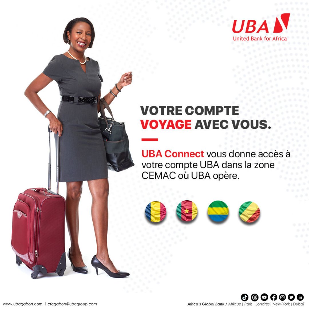 Avec votre banque UBA Gabon, les frontières n’existent plus ! 
Profitez de votre compte sans limite avec la solution UBA Connect 

#UnitedBankforAfrica #AfricasGlobalBank #UBAGabon #UBA4Pro #UBABusiness