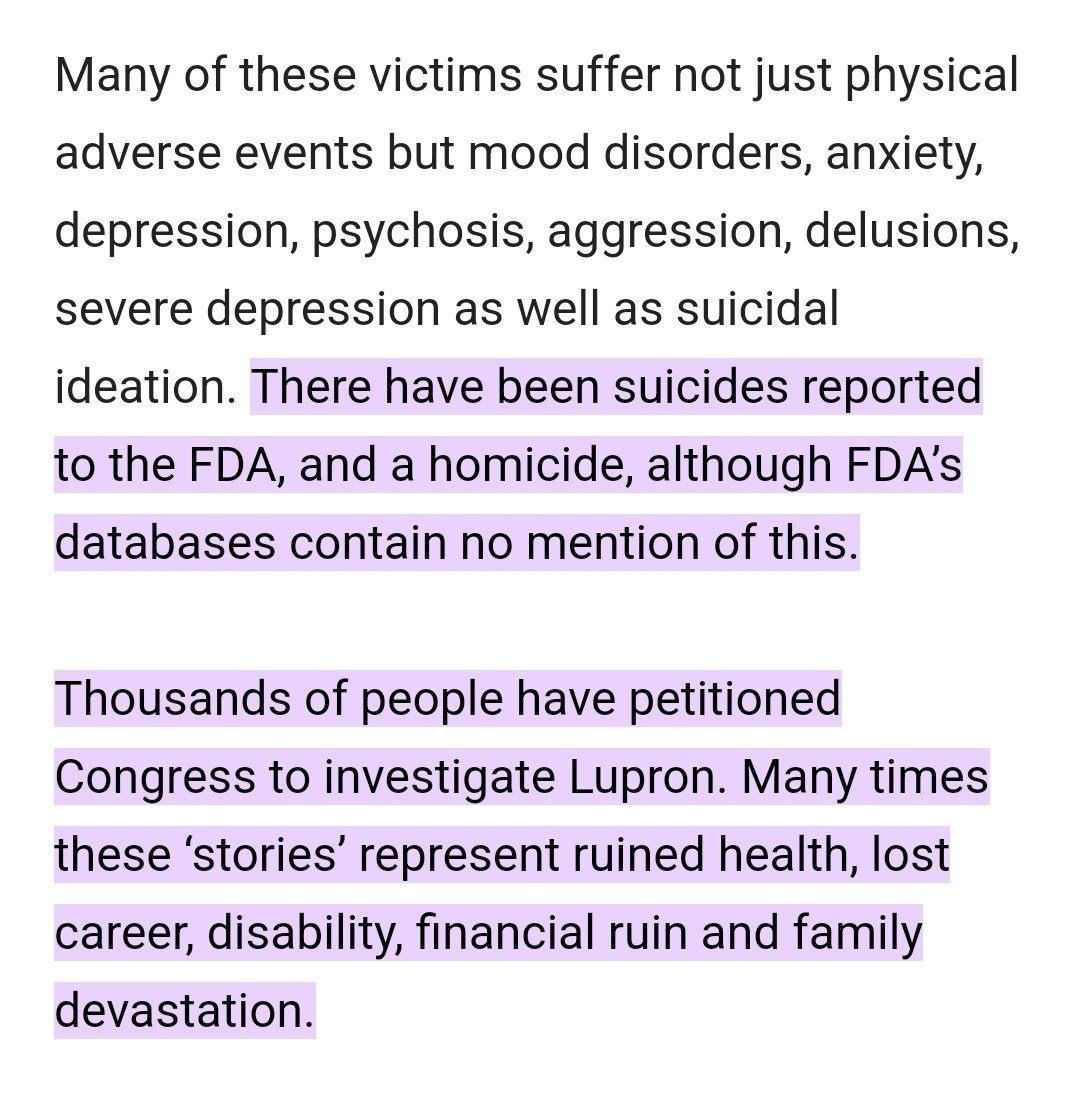 detransaqua's tweet image. Is #Lupron safe? Women who were put on the #puberty blocking drugs as fully formed adults have reported suffering severe effects. Lupron has been seen to cause suicide, but is now being used to treat suicidal children. #transkids #gac #genderaffirmingcare…
