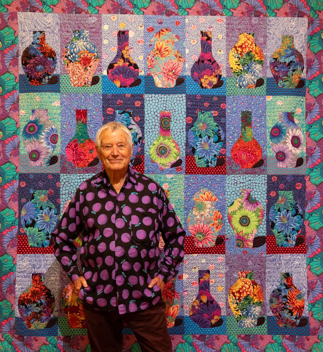 Happy Birthday to the wonderful #KaffeFassett 🎉 Earlier this year, we displayed a fantastic array of his colourful patchwork quilts in the exhibition 'Timeless Themes', accompanied by mosaics by #CandaceBahouth. The show was a huge success and our visitors loved it! #OnThisDay