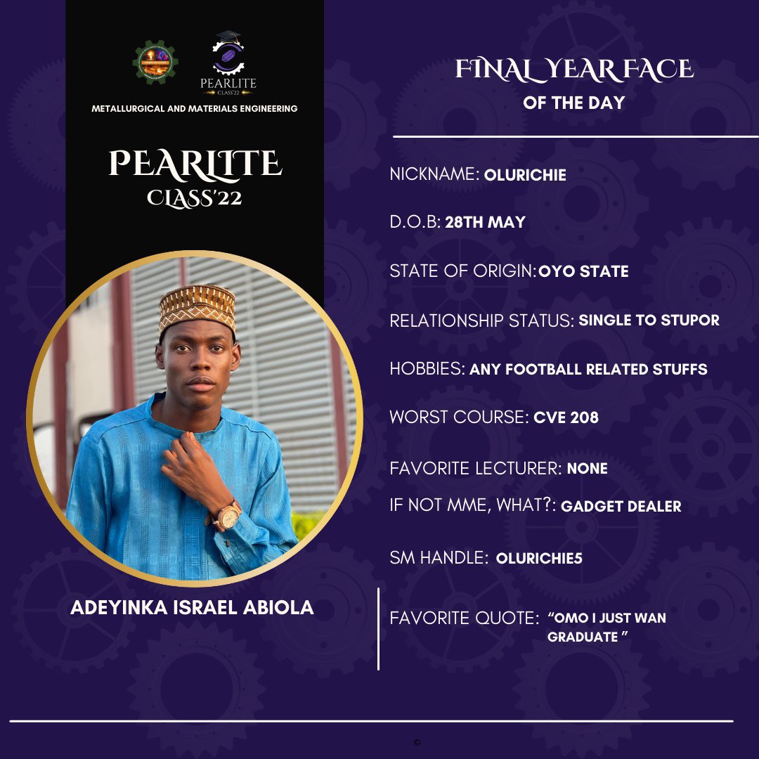 mmeclass_22's tweet photo. ADEYINKA ISRAEL๐
Calm and reserved, His commitment to doing things is superb,and heโs of the ideology that you can do whatever you put your mind to, a business oriented individual. Cheers to an amazing career ahead ๐
#ThePearliteoftheday #ClassOf2022 #GraduationPride" #MME22 https://t.co/KW5hAWo0rZ