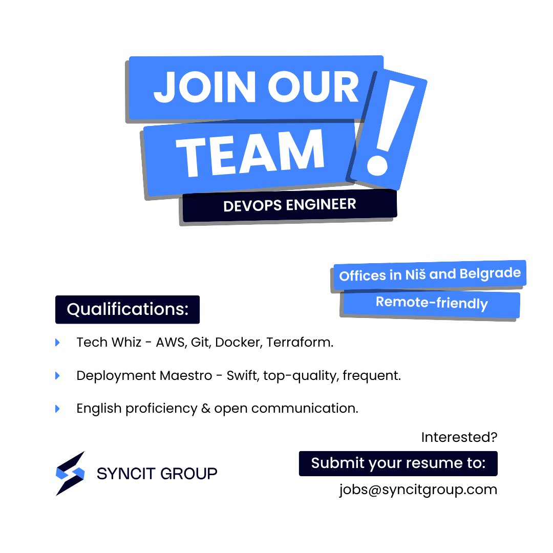 SyncitG's tweet photo. Syncit Group is expanding its tech family and seeking a skilled #DevOpsEngineer!

If you're passionate about agile deployments, quality control, and enjoy a positive work vibe, we'd love to hear from you. 

Apply now at jobs@syncitgroup.com

Let's build tech wonders together! 🚀 https://t.co/KFCjd2eA2l