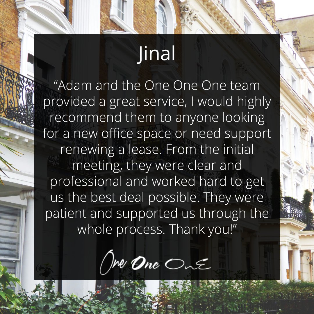 Thrilled to receive these kind words from our client! At One One One, we're committed to being clear, professional, and always working for the best deal. 

Get in touch with our team > brnw.ch/21wF6p8

#EveryLondonOffice #clientlove #officesecured #commercialrealestate