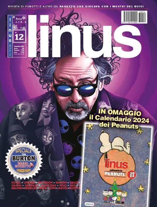 È in edicola il nuovo #linus di dicembre, con il calendario 2024 dei Peanuts in regalo! Un numero dedicato al geniale #TimBurton, con approfondimenti, articoli e fumetti che raccontano il grande regista. E poi vi aspettano le nostre rubriche e tante altre sorprese!