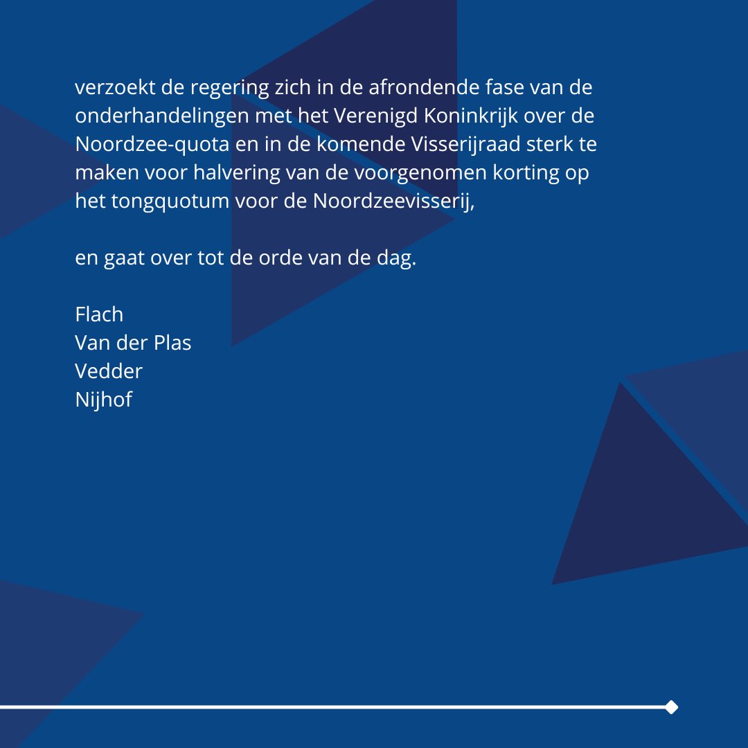 De eerste motie-Flach c.s. is een feit! De voorgestelde korting van 60% voor de tongvisserij op de Noordzee zou een nekslag voor de sector zijn. 

Dit kunnen we niet laten gebeuren! We roepen op om de korting ten minste te halveren. <a href="/ajflach/">André Flach</a> hoopt op brede steun vanuit de Kamer.