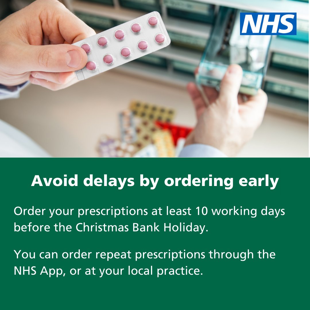 Pharmacies and GP practices will be busier than usual in the lead up to the Christmas period.

Please order your repeat prescriptions as soon as possible to make sure you are covered over the bank holidays, and between Christmas and New Year.