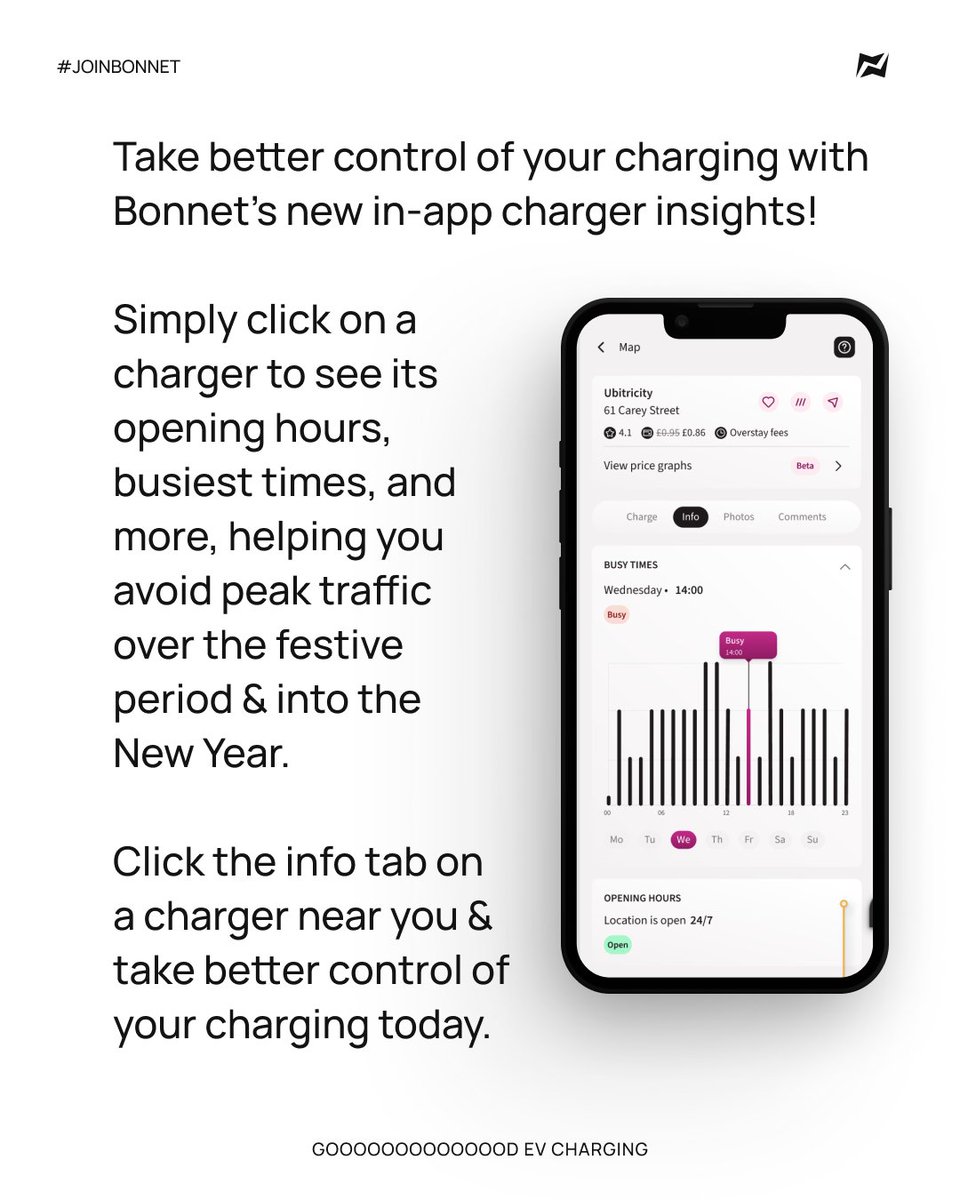Our new charger insights are LIVE in the Bonnet app, giving you even more control over when and how you charge your EV! ⚡️

Click on the info tab on a charger near you to check out this new feature! 🔋🚗

#evcharging #evchargingapp #bonnet #joinbonnet #driveelectric