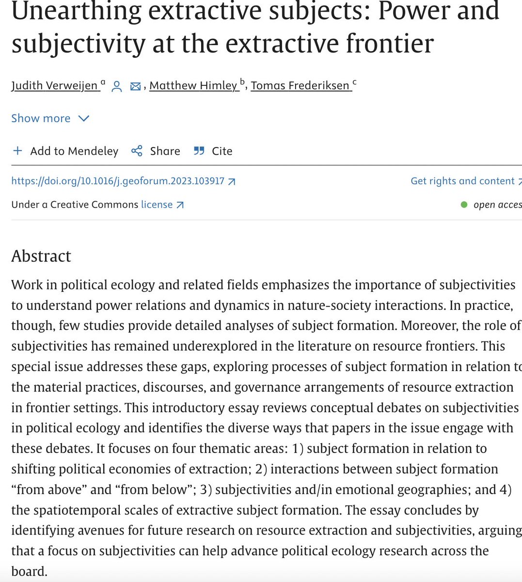 The intro of our special issue on “unearthing extractive subjects” is out now. It looks at how people at extractive frontiers see themselves as subjects and as subjected (or not) to the power of extractive industries. Below the key takeaways from the intro sciencedirect.com/science/articl…