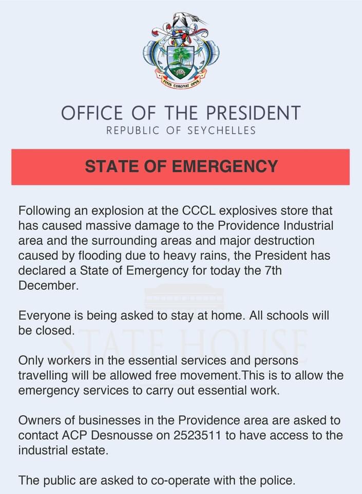 Seychelles has declared a state of emergency after severe flooding and an explosion at the CCCL explosives store that has caused massive damage to the Providence Industrial area, Seychelles 🇸🇨 | 7 December 2023 | #explosion #Seychelles #StateofEmergency