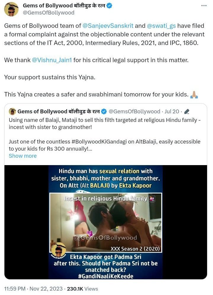 GemsOfBollywood's tweet photo. We had formally complained to Alt Balaji against such filthy content which we believe is incestuous and anti-hindu.
The gist of their reply seems to be that they are proud of their creativity. It is parents' problem if their 9 year old kid, who happens to take online classes on same device, self-certifies in English that he is above 18 and uses their Hindi subscription ( that comes free with many mobile plans).
Since Censor laws don't apply to them, freedom means to spread filth even if it risks children!
We will take it ahead lawfully to protect our kids from pervert content and rapists who are motivated by pervert content and those who want to mint money by selling perversion. This is a pandemic now
Padma Award to @EktaaRKapoor was a blunder that must be set right now, in our view.
Putting perversion over interests of kid is mental sickness.