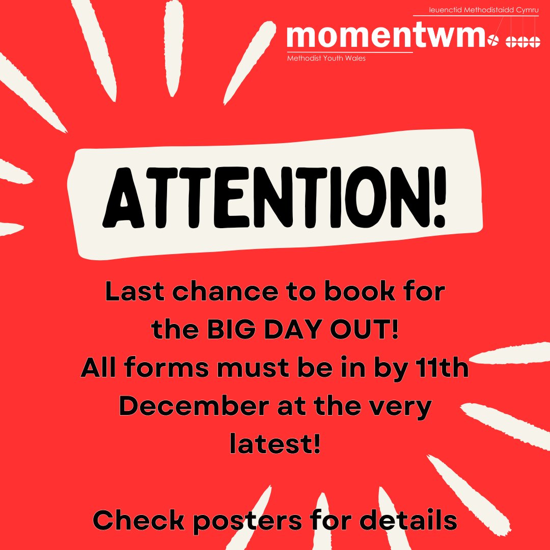 MomentwmCymru's tweet photo. Last chance to book for the Wales Synod Cymru BIG DAY OUT! All forms to be in by 11th December. https://t.co/JrYvOy880w