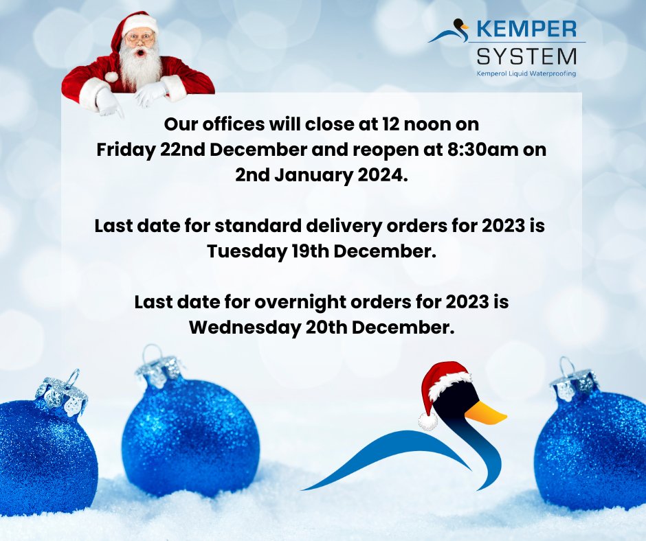 🎅🏼 Kemper System will be closing for the Christmas holidays on Friday 22nd December at 12pm and will be reopening on Tuesday 2nd January at 8:30am 🎅🏼
#christmasholidays #christmas #christmas2023 #waterproofing #roofing #kemperol #kempersystem