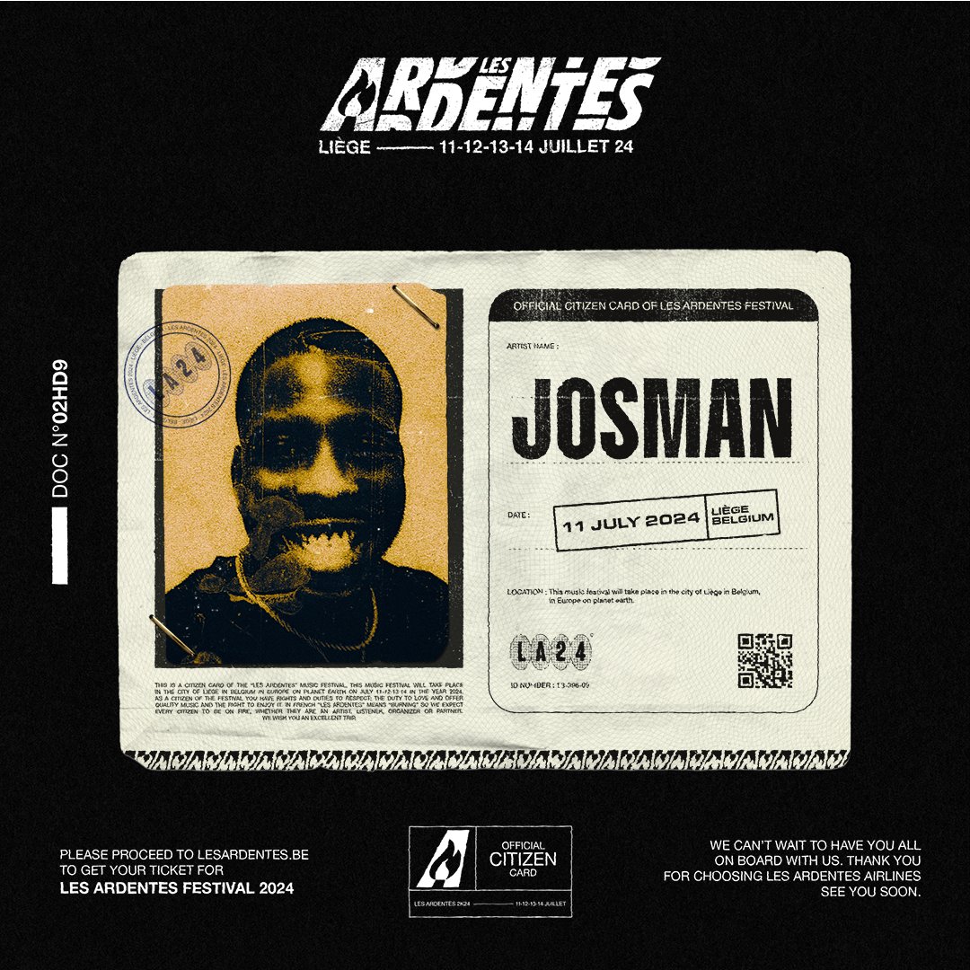 LESARDENTES's tweet photo. Josman monte à bord des Ardentes Airlines le jeudi 11 juillet aux côtés de Offset, Gazo &amp; Tiakola 🔥

Tickets en vente ce mercredi 13 décembre à 11h00 sur https://t.co/9FRAvhHAKZ https://t.co/W4M71vu6jN