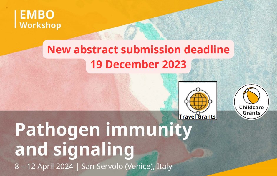 SAVE THE DATE!

New abstract submission with deadline 19 December 2023 for the <a href="/EMBO/">EMBO</a> workshop "Pathogen Immunity and Signalling" organized by <a href="/iannaconelab/">Iannacone Lab</a> and @KajasteLab!!

For more info:
meetings.embo.org/event/24-signa…

<a href="/EFIS_Immunology/">EFIS</a> <a href="/y_efis/">yEFIS</a>