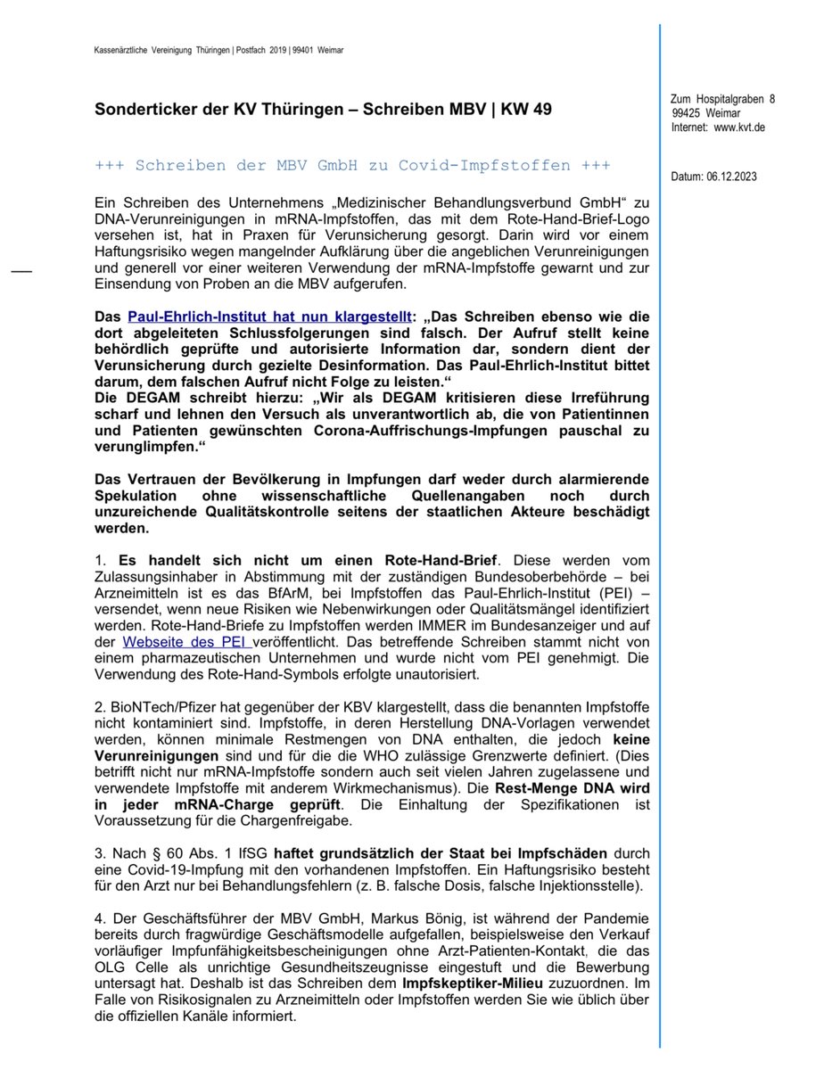 ACHTUNG! Derzeit gehen vielen Praxen Schreiben des Absenders “Medizinischer Behandlungsverbund GmbH“ zu Haftungsrisiken  bzgl.  der  Corona-Schutzimpfung zu, das mit dem Rote-Hand-Brief-Logo versehen ist. Dabei handelt sich NICHT um einen Rote-Hand-Brief! kv-thueringen.de/fileadmin/medi…