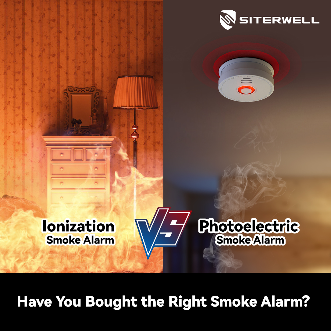 SITERWELL's tweet image. #Ionization alarms alert faster to #flaming or fast-spreading fires🔥 due to their use of ionized particles. However, #photoelectric smoke alarms like #Siterwell&apos;s GS528A, which rely on light to detect smoke particles, are more effective at detecting smoke from smoldering fires.