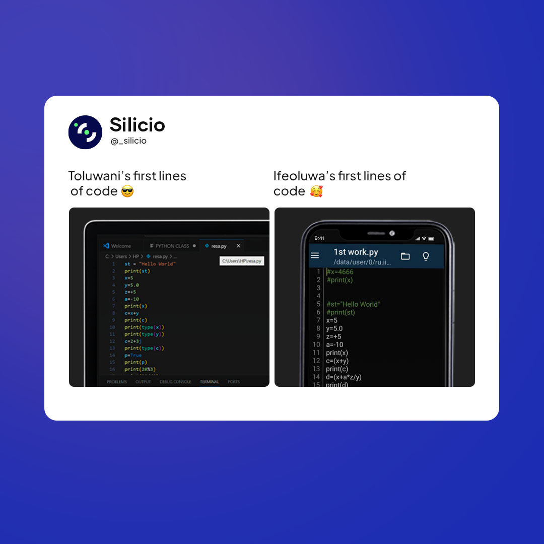 A journey to a million codes!!!!!! 🥳
 We birthed our first lines of code at the python weekend and we cherish those little beginnings. 

Get started today or join our next python workshop. Details on our website : mysilicio.Tech and Follow <a href="/_silicio/">Silicio</a> for exciting stuff💚