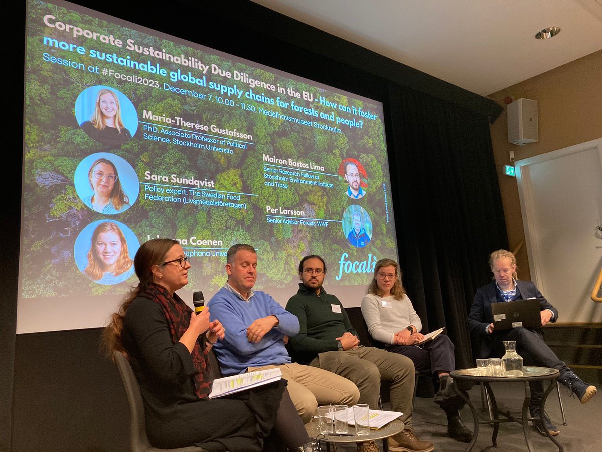 Lively discussions in the #Focali2023 session ”Corporate Sustainability Due Diligence in the #EU: How can it foster more sustainable global supply chains for forests and people?”💬 @MaironGBL @livsmedel @WWFSverige @mtgustafsson79 @SEIresearch @TraseEarth 🧵