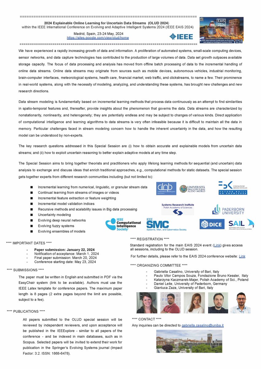 📢Call for Papers! "Explainable Online Learning from Uncertain Data Streams" will be a Special Session <a href="/eais2024/">IEEE EAIS 2024</a> in Madrid. Co-organized by SAIL member Daniel Leite, we would like to draw your attention to the CFP below.✍️🧑‍💼 
➡️More information here: sites.google.com/view/olud/home