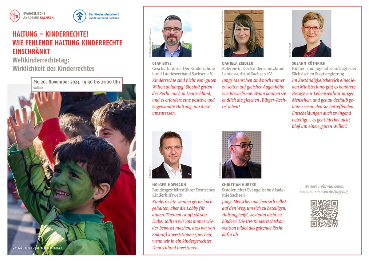 In der Veranstaltung im Studienbereich Jugend zum diesjährigen Weltkinderrechtetag wurden zahlreiche wichtige Gedanken und Argumente ausgetauscht. Einige wenige haben wir hier zitiert:

HALTung – #Kinderrechte!

ea-sachsen.de/news/haltung-k…