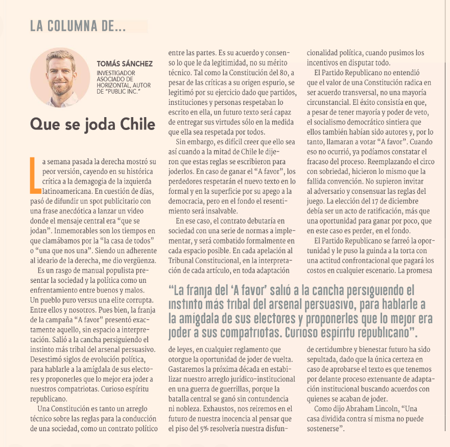 Es difícil cerrar un capítulo y prometer certezas, después de decirle al adversario que las reglas propuestas son para joderlos. Si gana el “A favor”, los perdedores respetarán el nuevo texto en lo formal, pero en el fondo el resentimiento será insalvable.
df.cl/opinion/column…