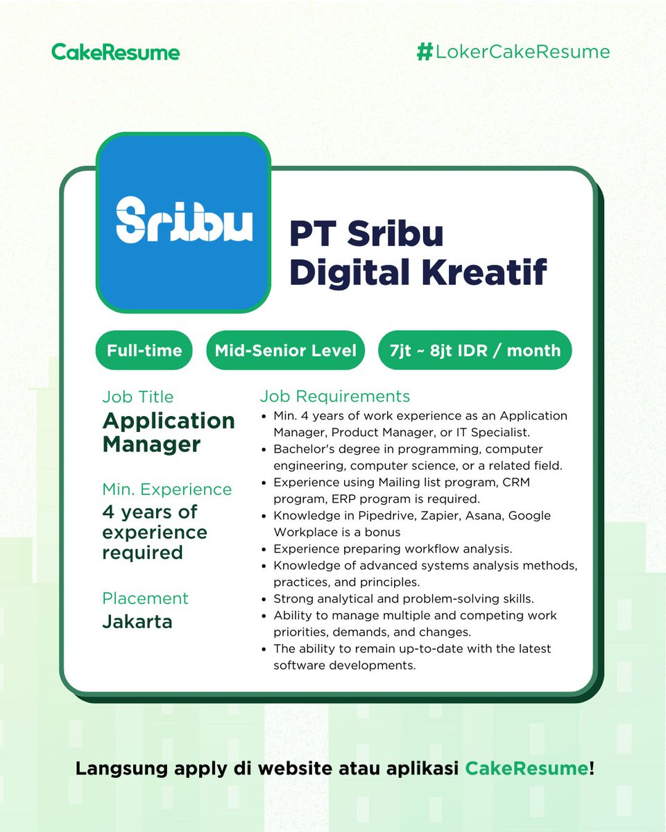 cake_me_id's tweet photo. #InfoLoker 📣 PT Sribu Digital Kreatif
Application Manager
Lamar di: https://t.co/0KU52PhSY7
#lokerjakarta #lokerwfh #lokertech #lokercot #lokerupdate #LokerPam #MagangPam #lokerit #lokertangerang #lokermalang #LokerBali #lokersemarang #applicationmanager #applicatuon #app https://t.co/hyrEyCizlD