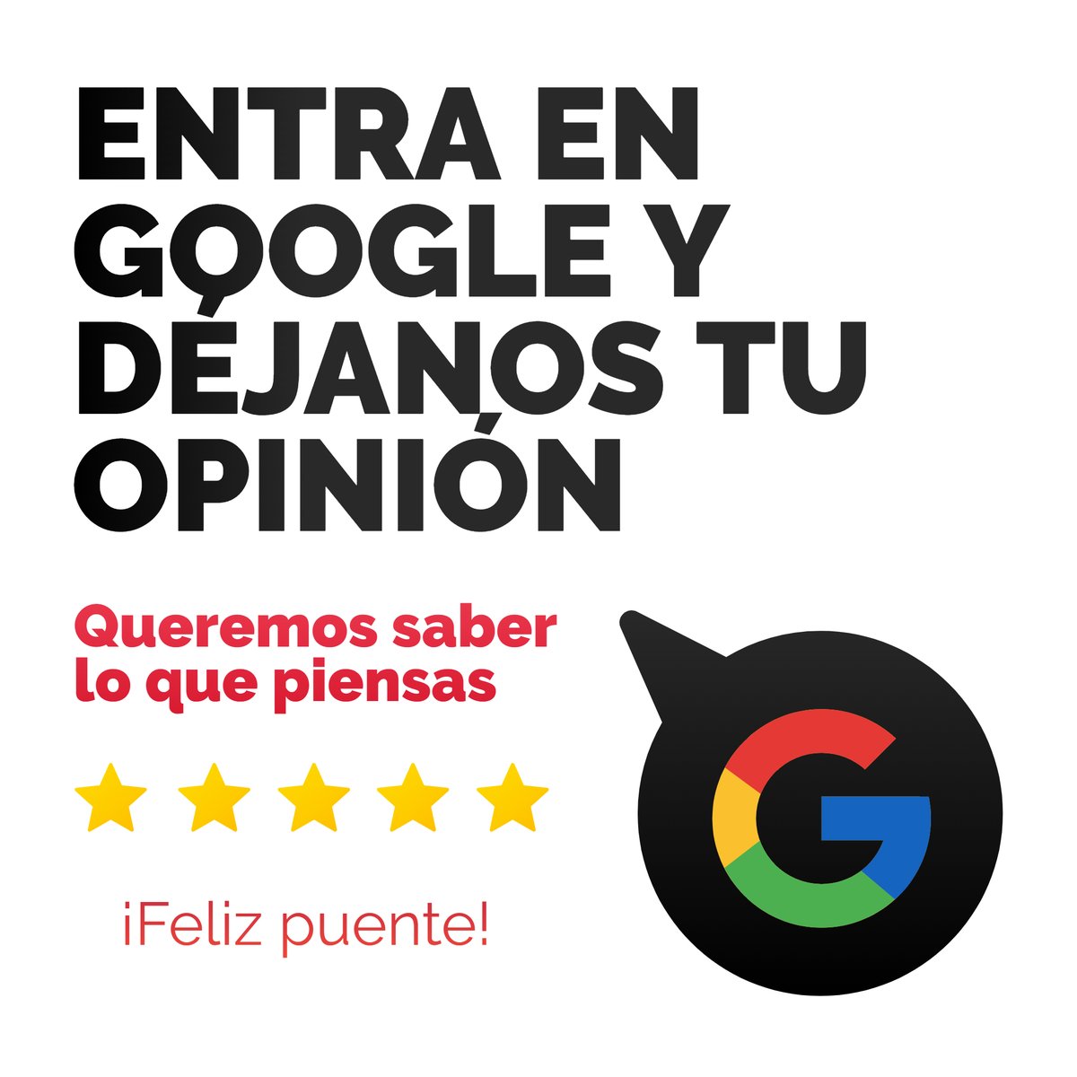 Aprovecha este #puente 📲 dedícanos un par de minutos y déjanos tu reseña en #Google 👉 Hacerlo es muy sencillo:

✅ Inicia sesión en Gmail
✅ Búscanos en Google y/o accede a nuestra ficha de empresa
✅ Selecciona "Escribir una reseña" 

Así de fácil :) ¡las leemos todas!