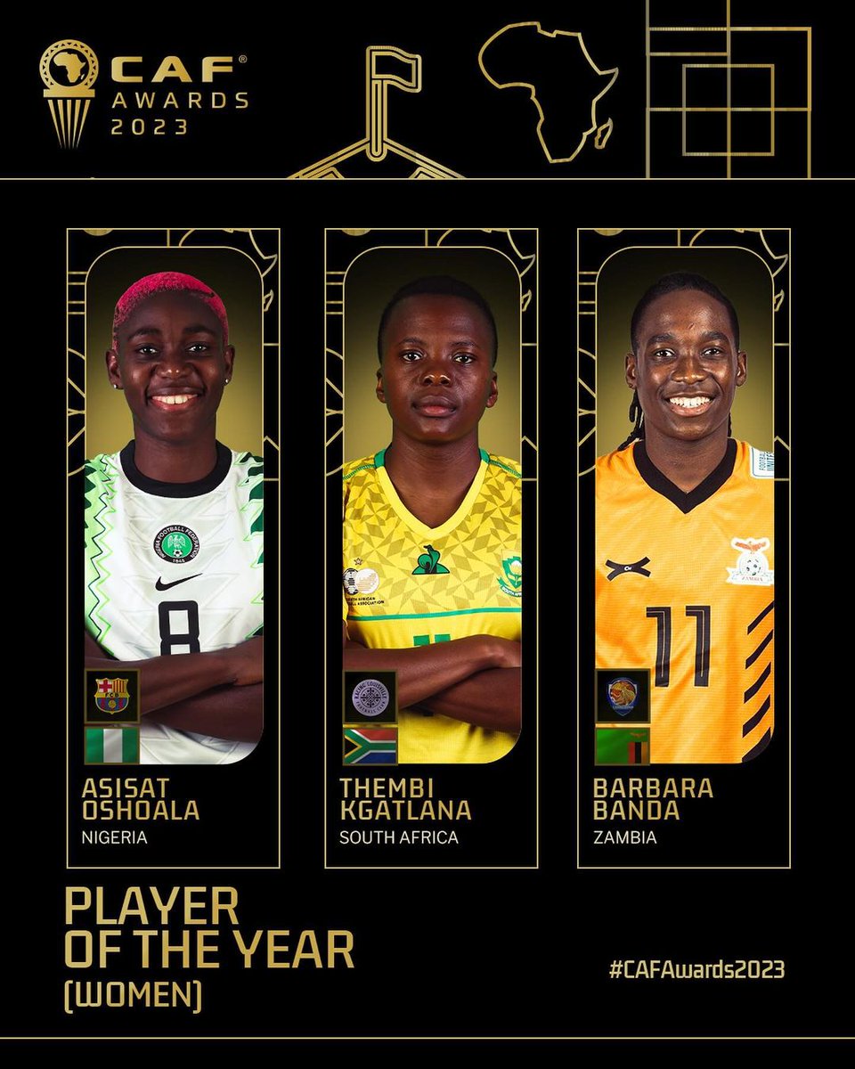 2023 CAF Awards - 🇳🇬 Women:

* Deborah Abiodun - Top 3 Young Player of the Year.
* Chiamaka Nnadozie - Top 3 African GKs.
* Super Falcons - Top 3 Women's National team in Africa.
* Asisat Oshoala - Final 3 POTY

Can Nigeria win all? #CAFawards #NigeriaFootball