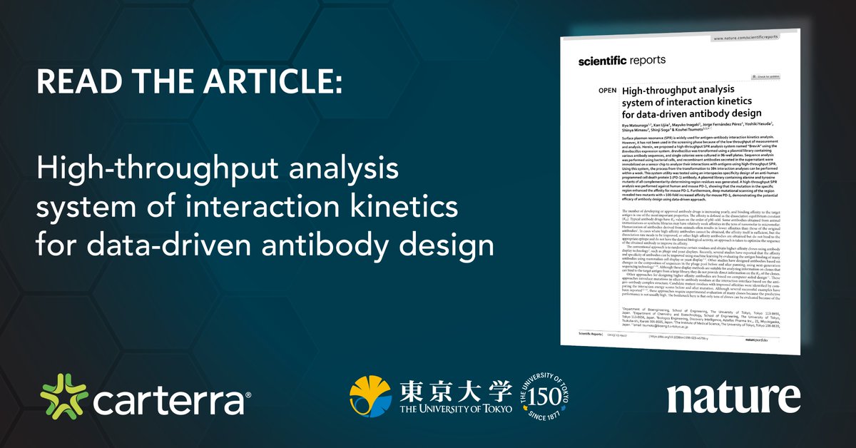 carterra_bio's tweet photo. Exciting breakthrough at the University of Tokyo! The renowned Tsumoto lab has published in @Nature Scientific Reports, highlighting the Carterra #HTSPR technology platform as a game-changer for library screening.
https://t.co/TTlk24nR09
#antibodydesign #drugdiscovery #cancer https://t.co/bevnDK6sDe