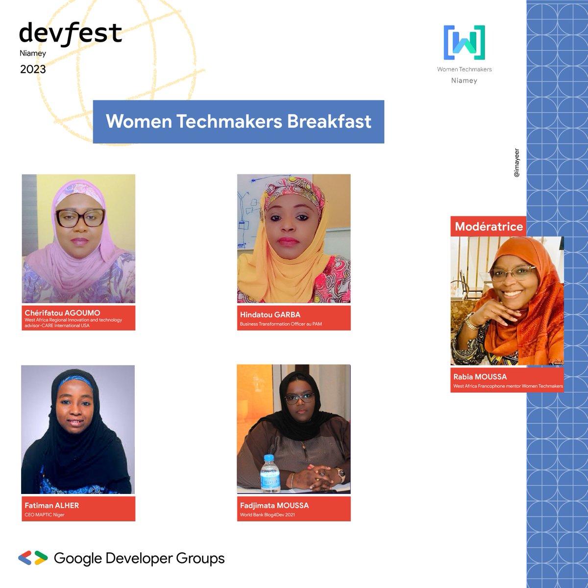 📢Speakers

Au #DevfestNiamey2023 <a href="/rabia_moussa/">Rabia MOUSSA</a> Cherifatou Agoumou, Hindatou Garba <a href="/falher3/">fatima alher</a> et Fadjimata Moussa vont co-animer ensemble une session sur la tech au Niger durant le "Women Techmakers Breakfast".

Soyez des nôtres !

<a href="/NiameyWtm/">Women Techmakers Niamey</a>