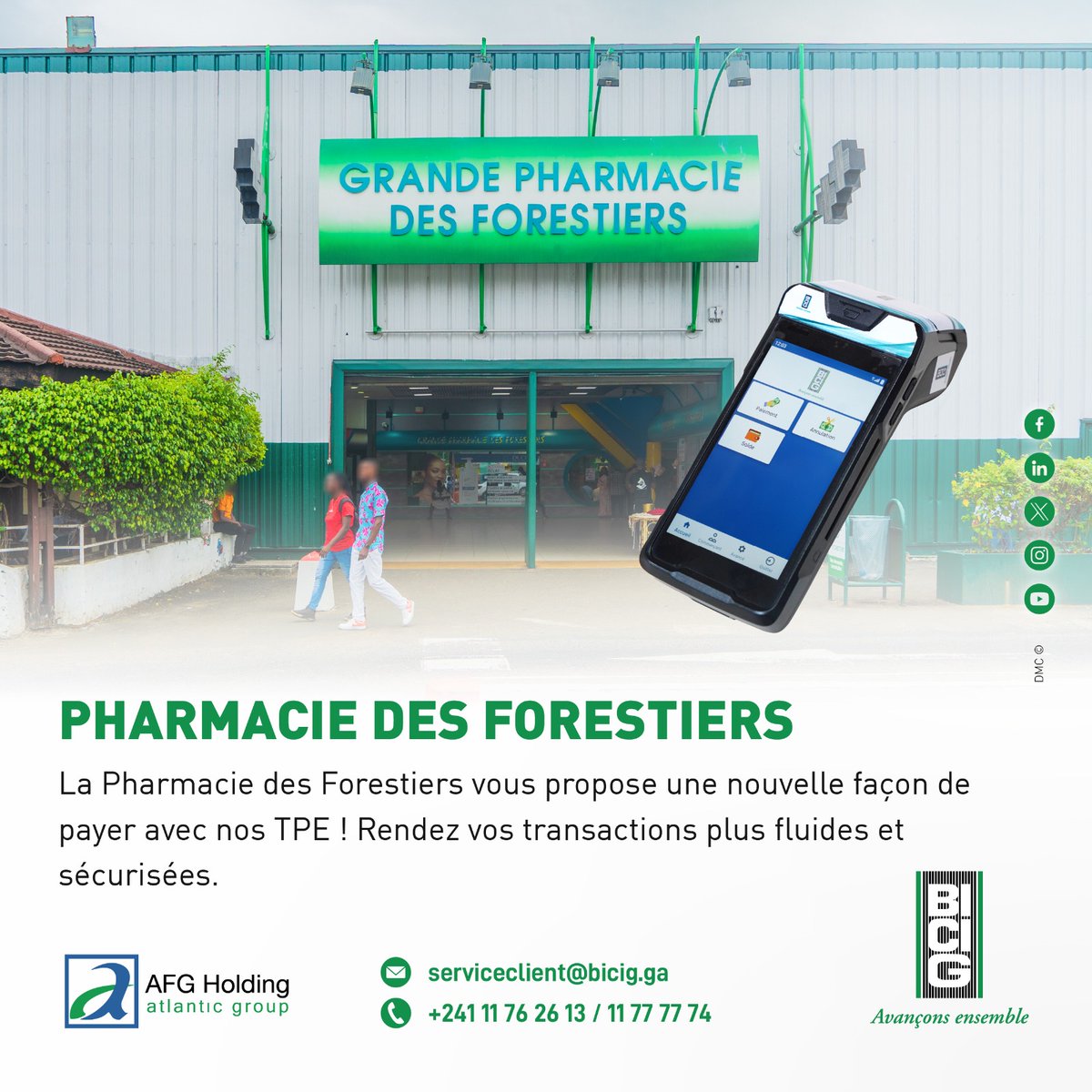 Besoin de vous approvisionner en produits médicaux ou cosmétiques?
Effectuez votre transaction  par carte sans frais, sur nos Terminaux de Paiement Electronique dans les Pharmacie et Parapharmacie des Forestiers
#BICIGabon #Avançonsensemble #AFGHolding  #PharmaciedesForestiers