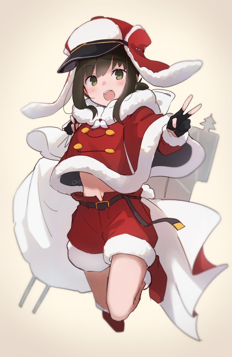 fubuki (kancolle) 1girl solo hat santa costume gloves black hair fingerless gloves  illustration images