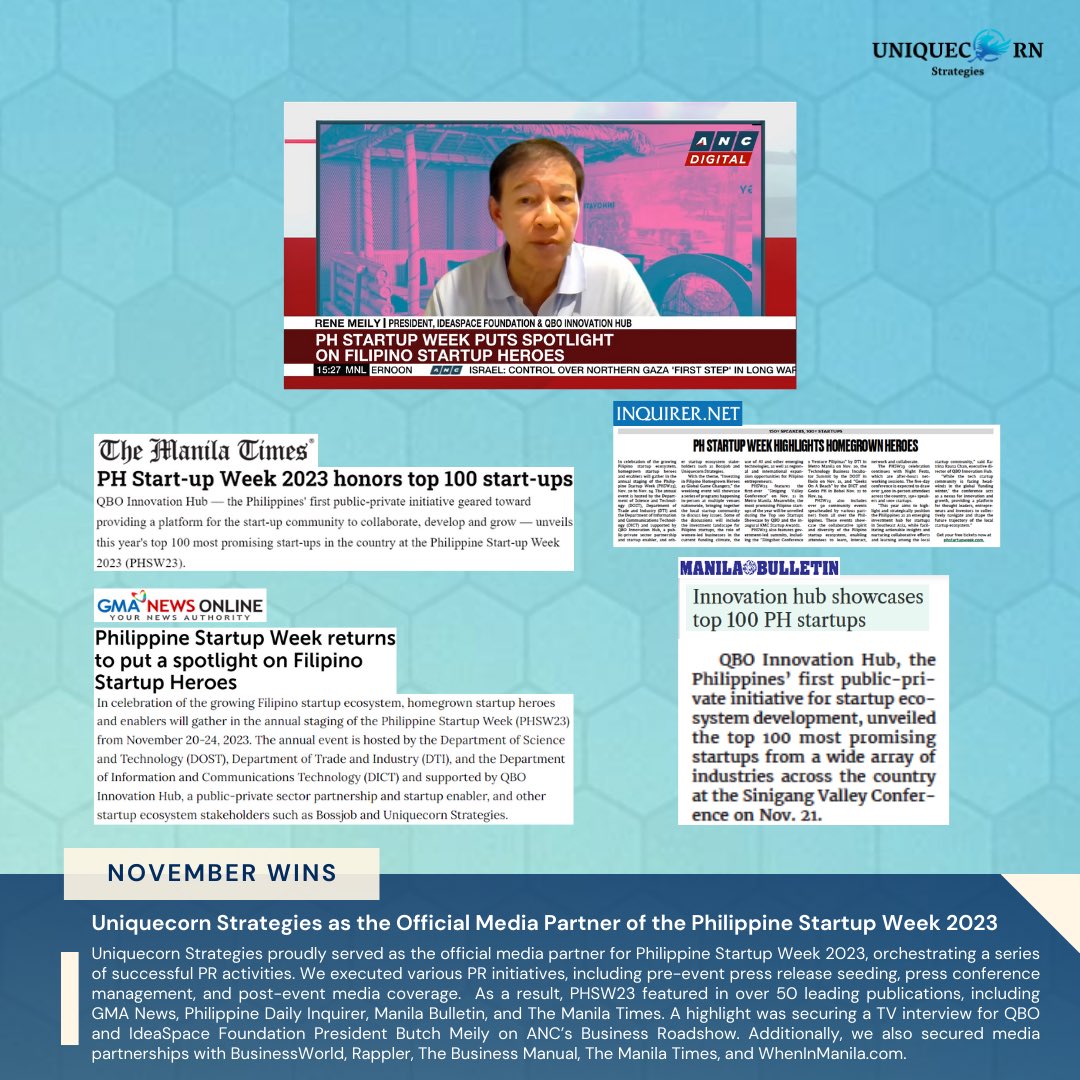 UniquecornStrat's tweet photo. November delivered! Our efforts have transformed stories into triumphs, one headline at a time. 💫✨
#HiveHealth #PHSW23 #PHStartupWeek2023 #KMCSolutions #KMCStartupAwards2023 #UniquecornStrategies #PublicRelations #PRSuccess #PR https://t.co/50jC5hGoL6