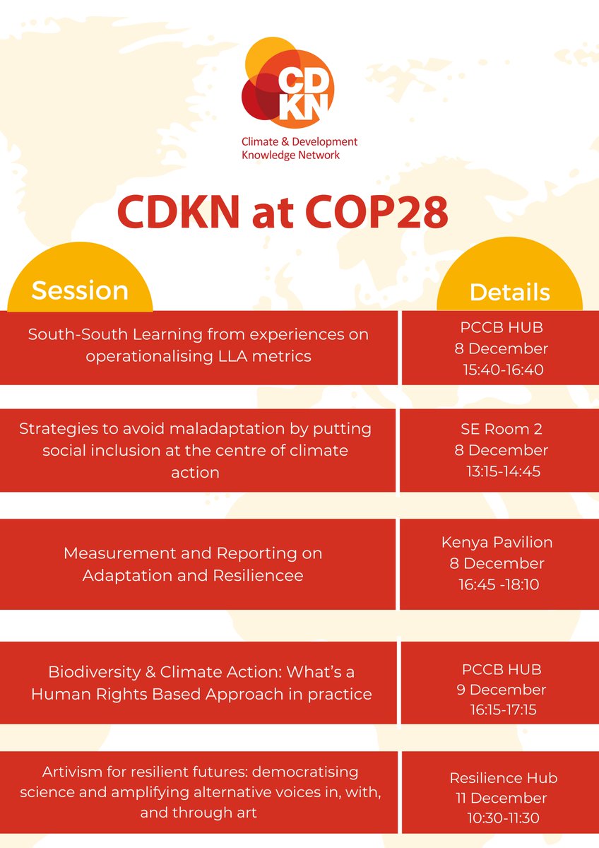 Are you still at #COP28 ?

Join CDKN for the various sessions we will be co-convening with our partners?

More info on the sessions below 👇🏽cdkn.org/story/cdkn-cop…